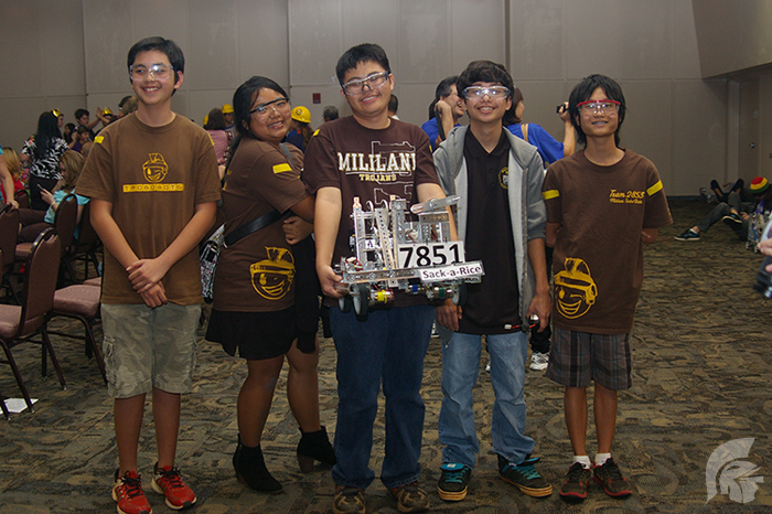 (L-R) Freshman Michael Caris Abagon, Sophomore Lauren Ceria, Juniors Allan Ching and Tyler Schafer and Freshman Tyler Yoshioka of Team 7851 after winning second place in the FTC competition.