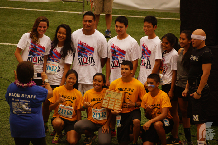 (Photo courtesy of LTC Timothy Schiller) Bottom row (L-R): Sophomores Leah Keller and Joy Sanches, Junior Keoni Borja and Freshman Jake Lafata made up the team wo ran the last relay, passing a baton to the next runner after finishing their lap. They finished first, bringing them to first overall.