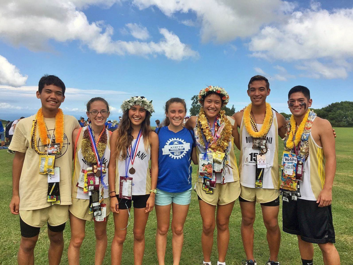 (Photo courtesy of Vanessa Roybal (12)) (L-R): Jacob Chang (12), Lauren Gibbs (12), Vanessa Roybal (12), Brandee Schiller (12), Kiana Caranto (12), Robert Haas (12) and Evan Yonamine (12) will carry memories from cross country into the next chapter of their lives. 