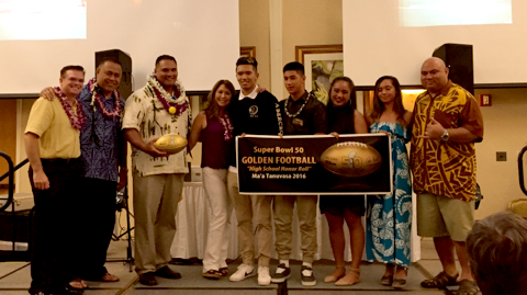 (Photo courtesy of Principal Fred Murphy) Among the crowd of supporters for Maa Tanuvasa (third from left) and wife Kris (fourth from left), were MHS faculty and administration, along with Maa Tanuvasa Jr. (12) (fifth from left) and extended family.