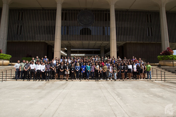 (Lorelei Miyamura | Na Manao Poina Ole) A large crowd of students and government officials gathered at the Hawaii State Capitol on Feb. 27 to hold a conference and encourage students to speak out for their community and get involved in the government.