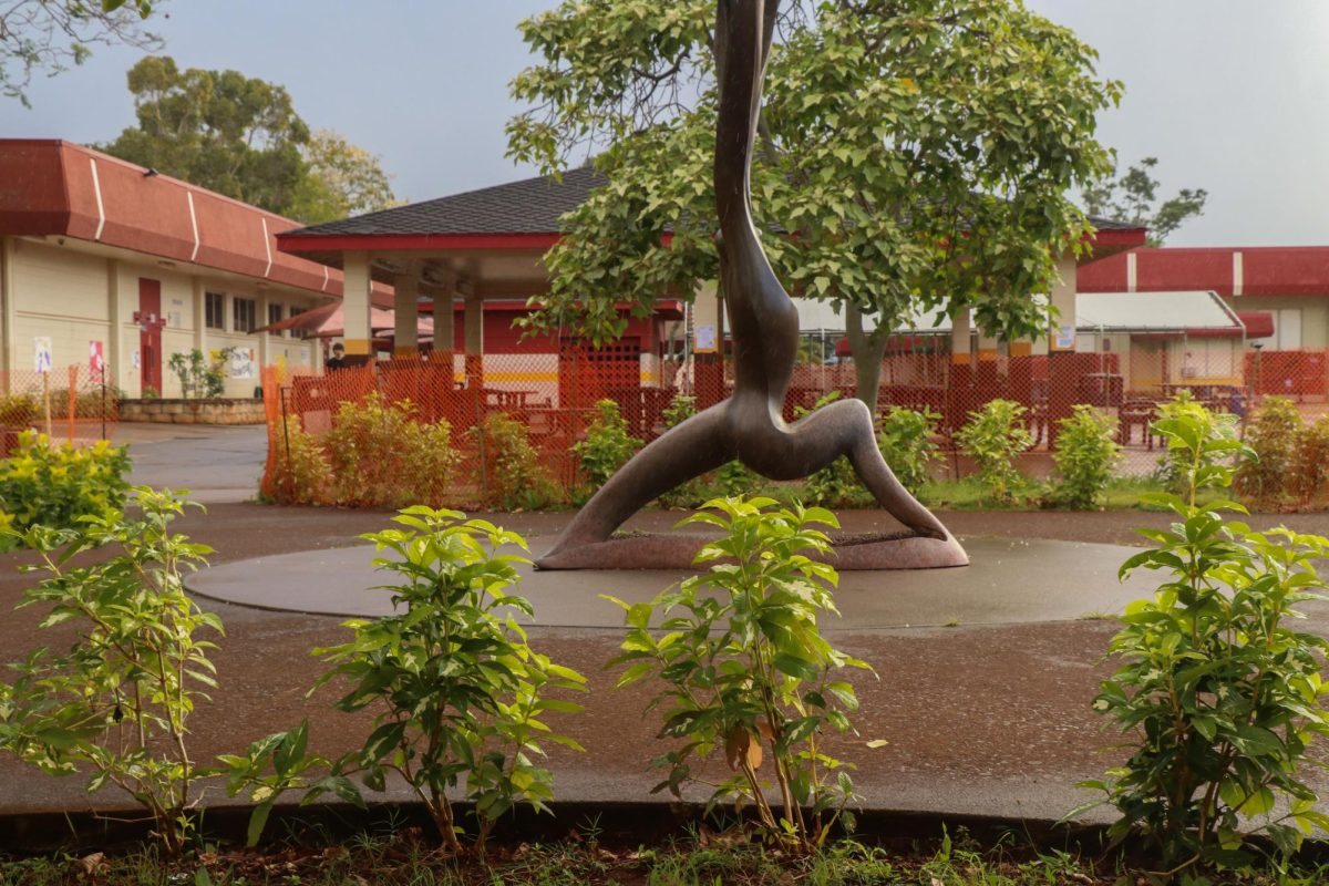 An array of greenery surrounds the statue, which is a center piece to Mililani High School’s campus. MHS continues to add and improve landscaping around campus.